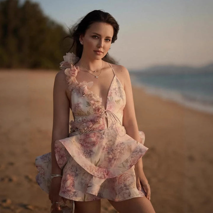 Damen Verspielt geschnittenes Minikleid mit Volant und floralen Rüschendetails Drune