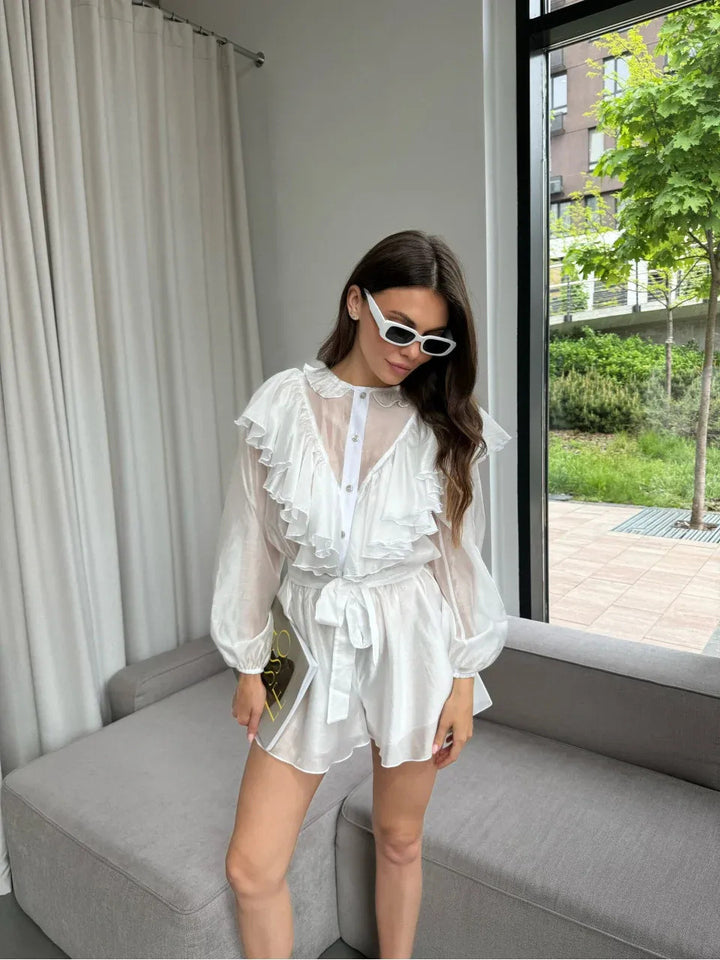 Damen stilvolles Chiffon-Set mit Rüschendetails und Taillengürtel Drune