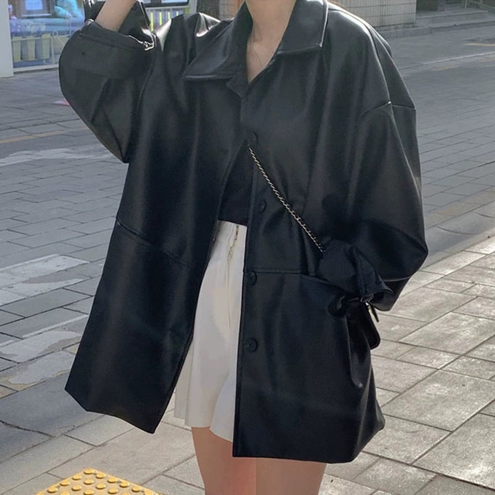 Damen Modische Longjacke aus hochwertigem Kunstleder mit praktischen Taschen und lässigem Schnitt Drune