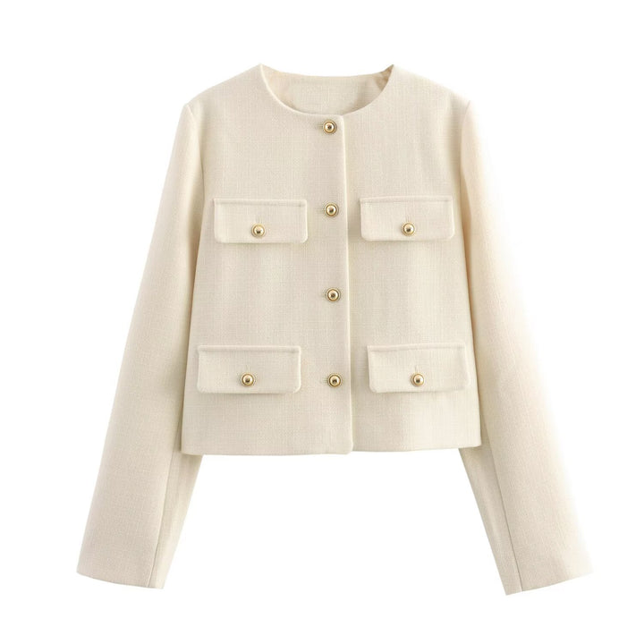 Damen Bouclé-Cropped-Jacke mit vier Pattentaschen und goldenen Schmuckknöpfen Drune