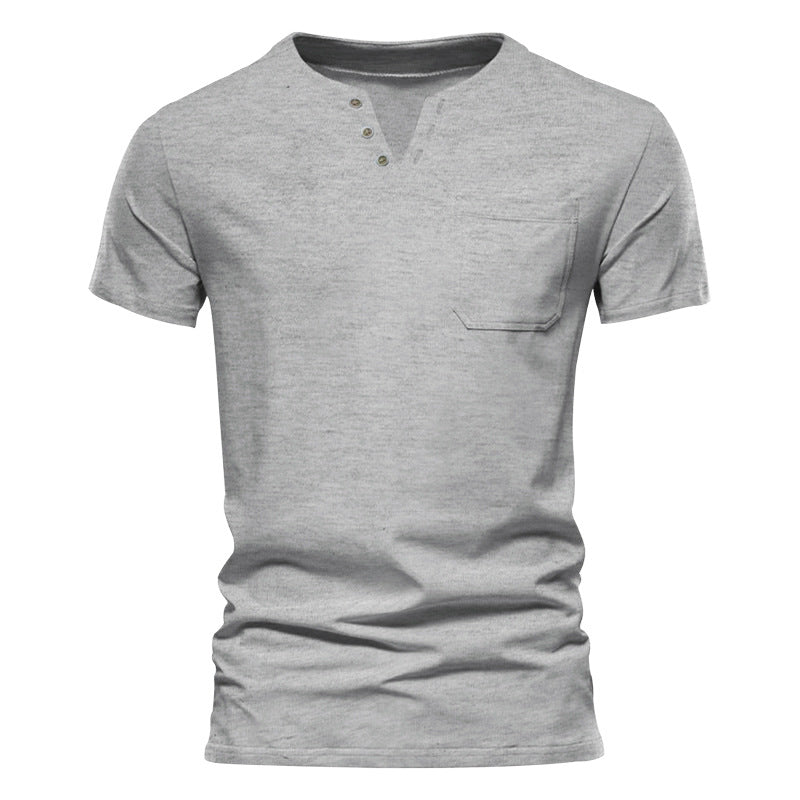 Herren nan tailliertes Kurzarm-Henleyshirt mit Brusttasche und asymmetrischer Knopfleiste Drune