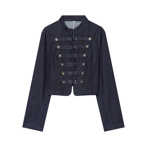 Damen Cropped Denim‑Militärjacke mit Stehkragen und dekorischer Zierknopfleiste Drune
