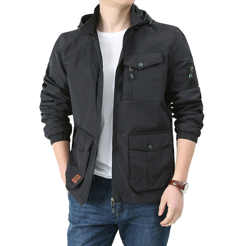 Herren  Kapuzen leichte Utility-Feldjacke mit Mehrfachtaschen, Reißverschluss und Druckknopfverschluss Drune