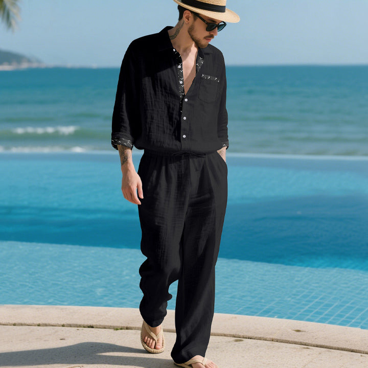 Herren Leinenoptik-Loungewear-Set mit Kordelzughose und offenem Hemdjacke Drune