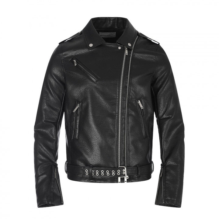Herren Bikerjacke aus Lederoptik mit asymmetrischem Reißverschluss, Nieten‑Taillengürtel und Reißverschlussärmeln Drune