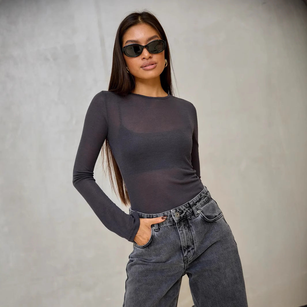 Damen Langarmshirt mit eleganten V-Ausschnitt und feinem Netzstoff Drune
