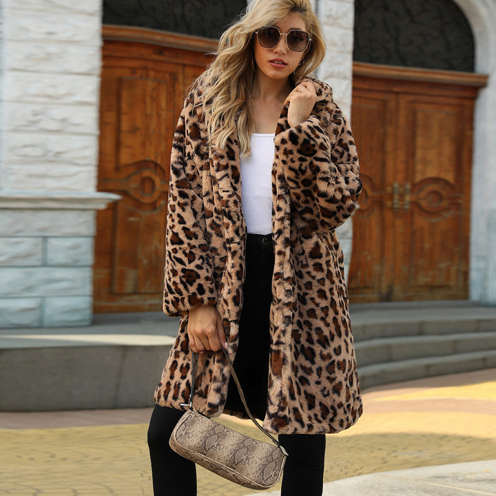 Damen Luxuriöser Fleece-Mantel mit Leopardenmuster Drune