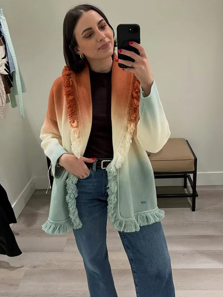 Damen Farbverlauf-Strickcardigan mit Fransen und Schalkragen Drune