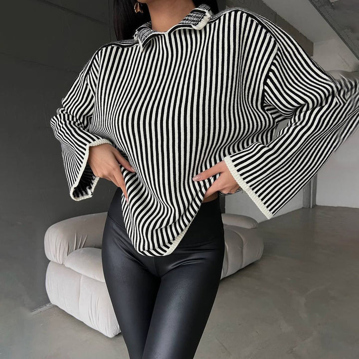 Damen Strickpullover mit lässigem Stehkragen und eleganten Streifen Drune
