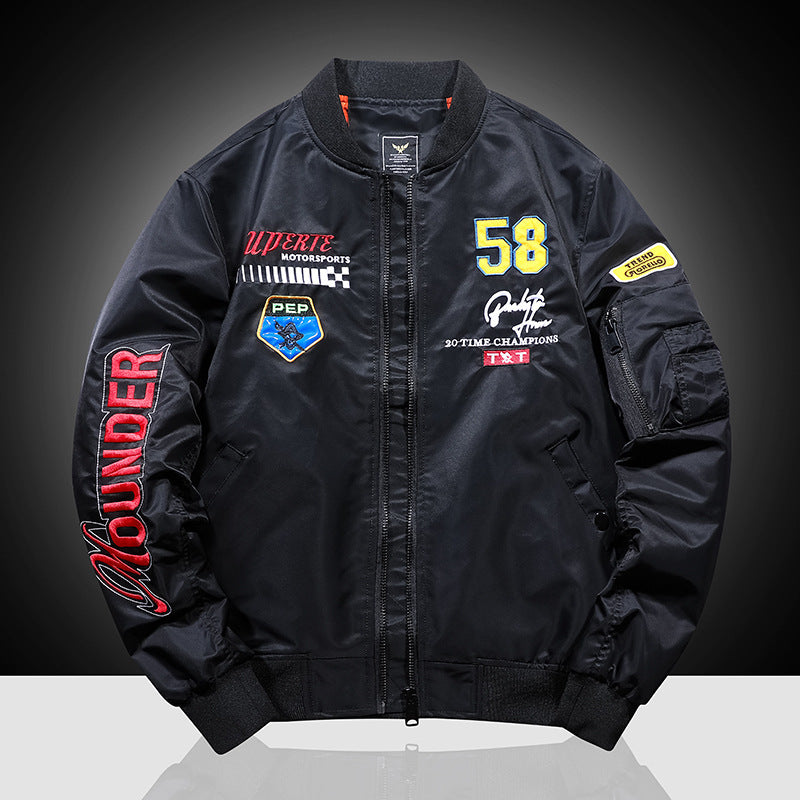 Herren Bomberjacke im Vintage‑Motorsport‑Look mit Ärmel‑Utilitytasche und Patch‑Applikationen Drune