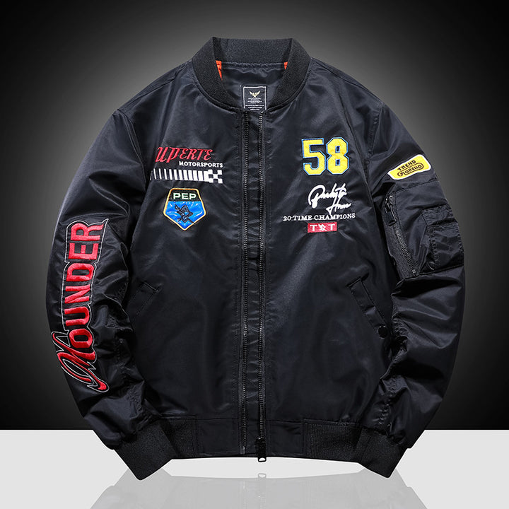 Herren Bomberjacke im Vintage‑Motorsport‑Look mit Ärmel‑Utilitytasche und Patch‑Applikationen Drune