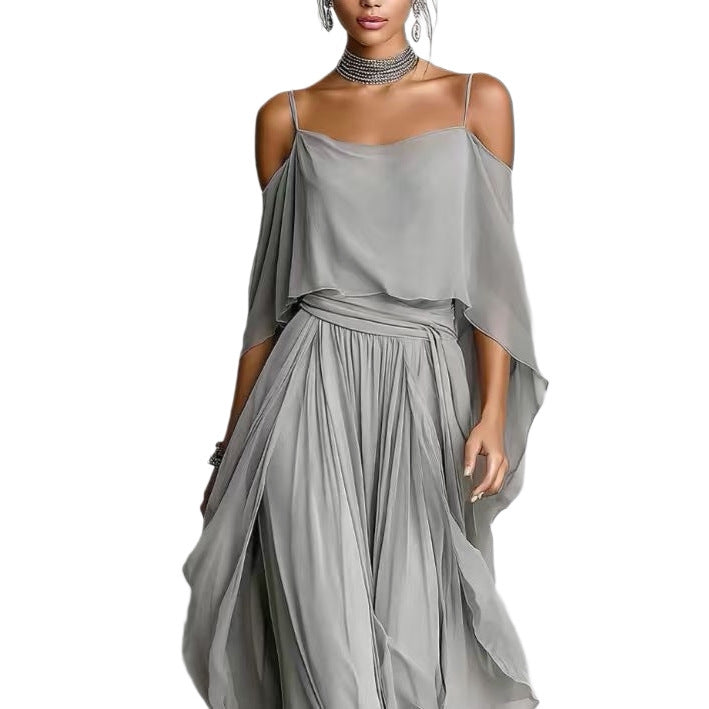 Damen Lange Chiffon Maxi Kleid mit Kaltem Schulter, Spaghetti-Träger und Geschichtetem Cape Drune