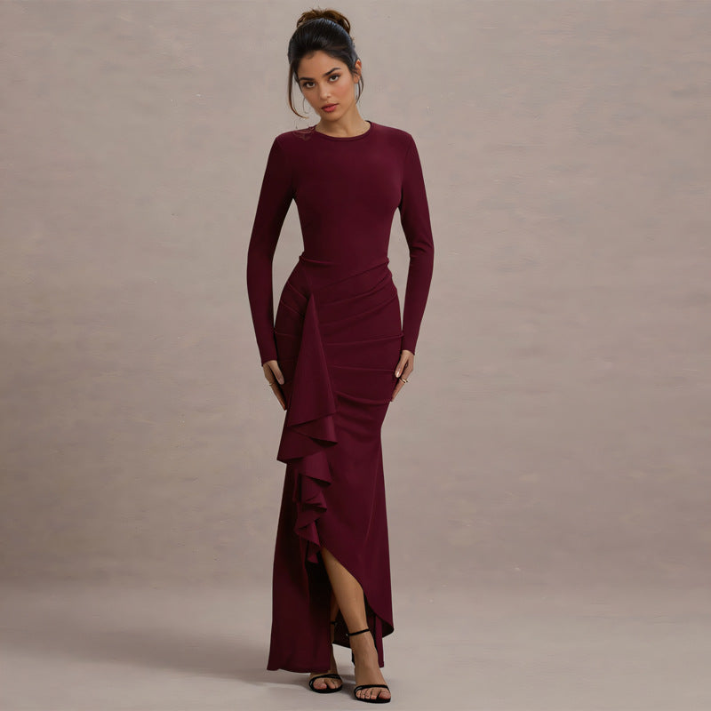 Damen Elegantes Abend-Maxikleid mit langen Ärmeln, figurbetonter Silhouette und seitlichem Volant Drune