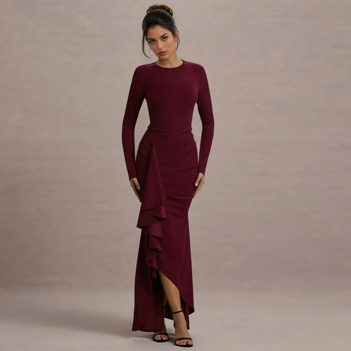 Damen Elegantes Abend-Maxikleid mit langen Ärmeln, figurbetonter Silhouette und seitlichem Volant Drune