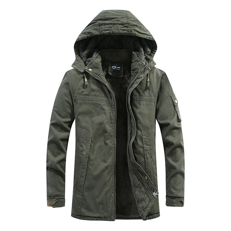 Herren Outdoor-Canvasparka mit abgenähter Kapuze, wärmender Teddyfleece-Innenlage und verdecktem Zweiwege-Reißverschluss Drune