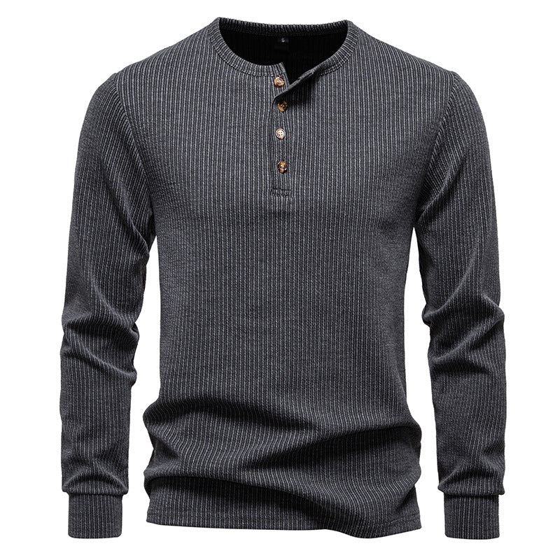 Herren Slim-Fit Gerippter Henley-Langarmpullover mit Rundhalsausschnitt und Knopfleiste Drune