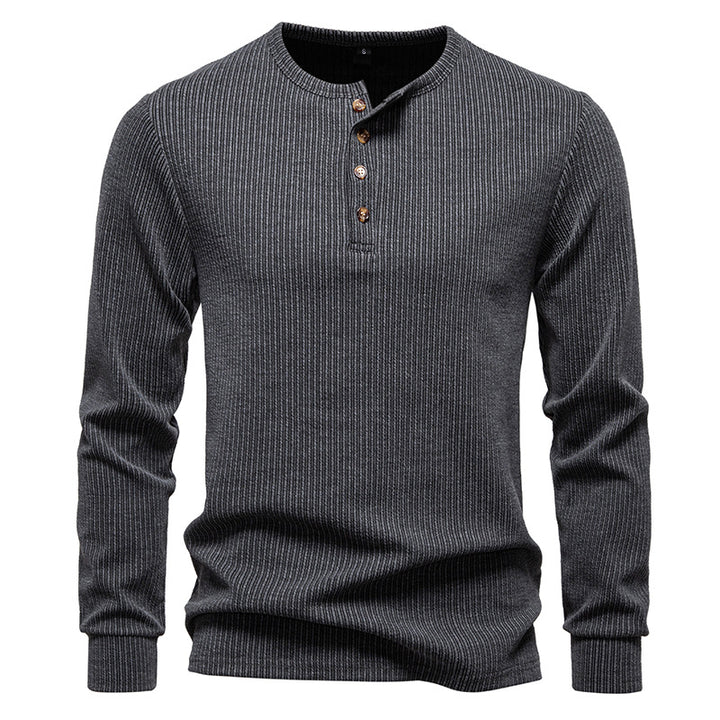 Herren Slim-Fit Gerippter Henley-Langarmpullover mit Rundhalsausschnitt und Knopfleiste Drune