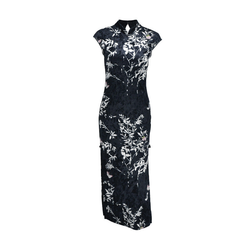 Damen Elegantes Maxikleid mit floralem Druck und Stehkragen Drune