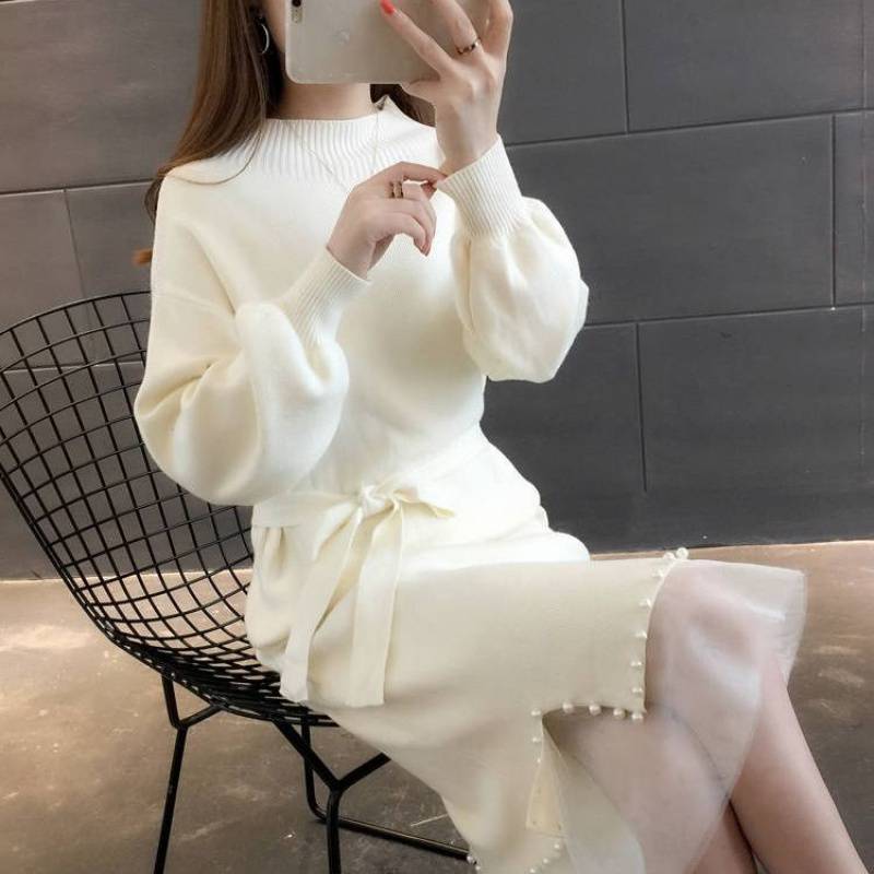Damen elegantes Strickkleid mit Taillengürtel und dekorativem Saum Drune