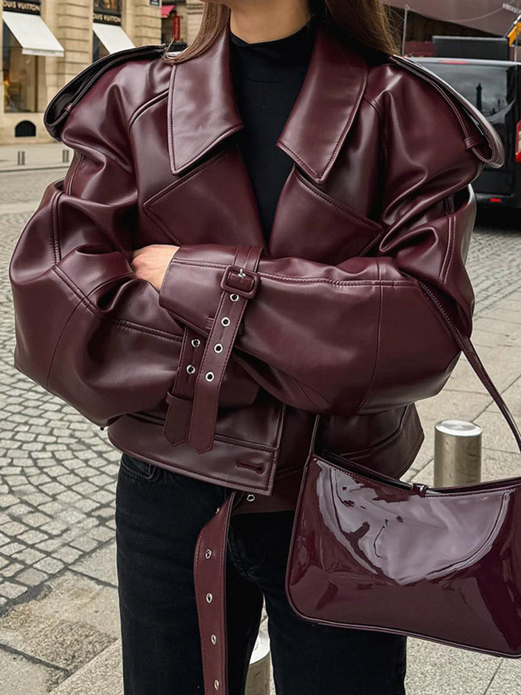 Damen Kunstlederjacke im Oversized-Design mit Riemen und neuen Details Drune