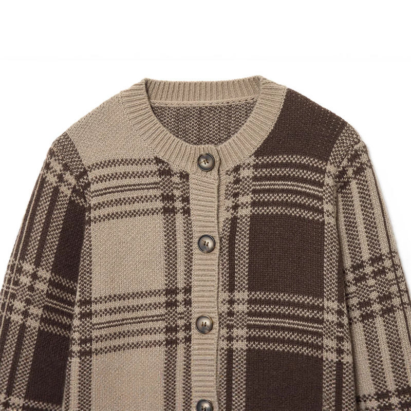 Damen modischer Karoknit-Pullover mit Knopfleiste und Rundhalsausschnitt Drune