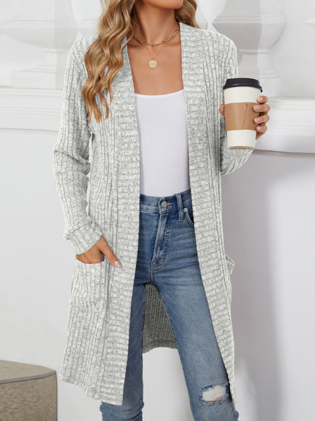 Damen Longcardigan aus geripptem Chenille mit aufgesetzten Taschen Drune