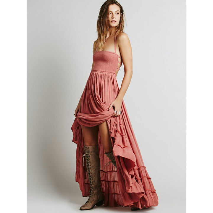 Damen luftiges Maxikleid mit hoch geschnittenem rüschengesäumtem Rock Drune