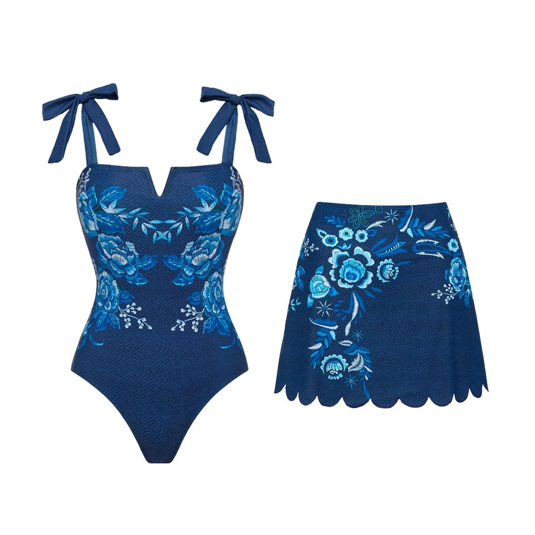 Damen V-Ausschnitt Badeanzug mit verspielten Schleifen und floralen Stickereien Drune
