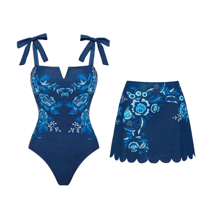 Damen V-Ausschnitt Badeanzug mit verspielten Schleifen und floralen Stickereien Drune
