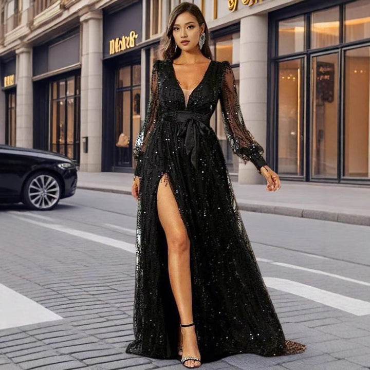Damen Glamouröses Abendkleid mit schimmernden Pailletten und tiefem Schlitz Drune