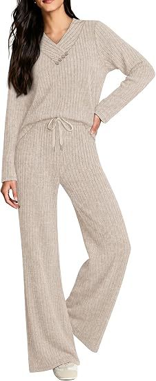 Damen Weiches Rippstrick-Lounge-Set mit V-Ausschnitt und Kordelbund Drune