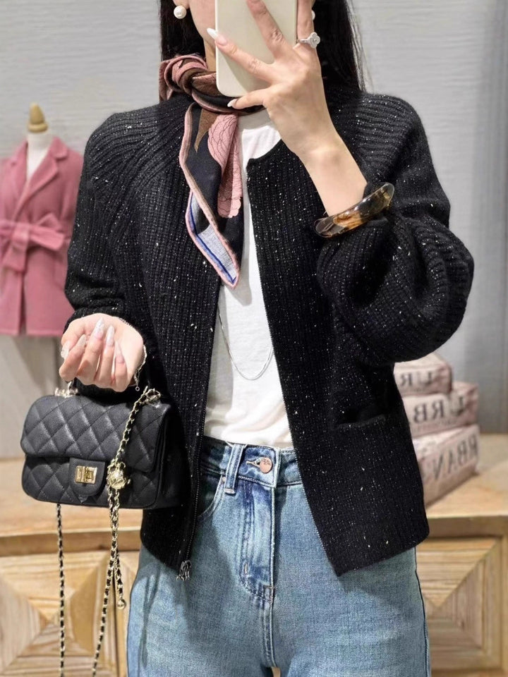 Damen Kurzgeschnittene kastige Strickjacke mit geripptem Feinstrick Ballonärmeln und aufgesetzten Eingrifftaschen Drune