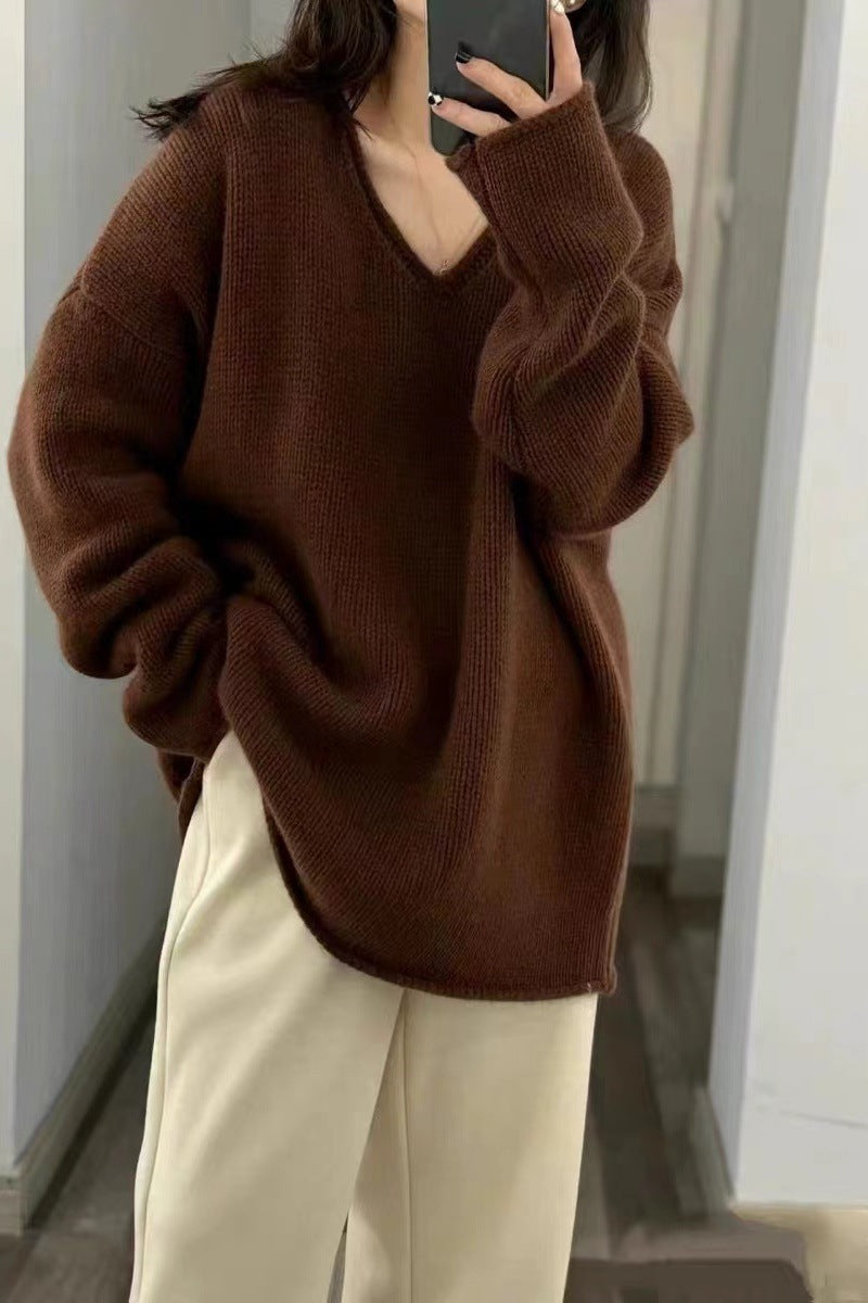Damen Oversize V‑Ausschnitt Pullover im Mohair‑Look mit überschnittener Schulter und gerundetem Saum Drune