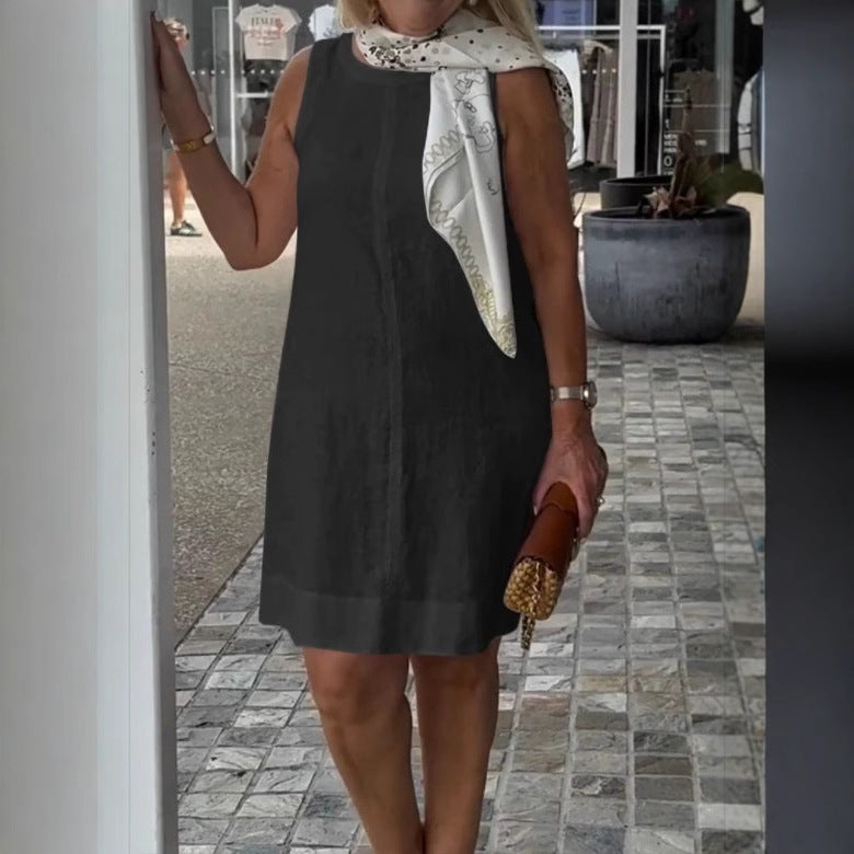 Damen Sommerkleid aus leichtem Leinenstoff mit modischem Halstuch Drune