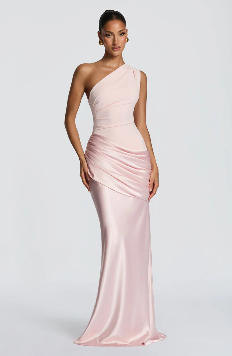 Damen Elegantes One-Shoulder Maxikleid mit fließenden Drapierungen Drune