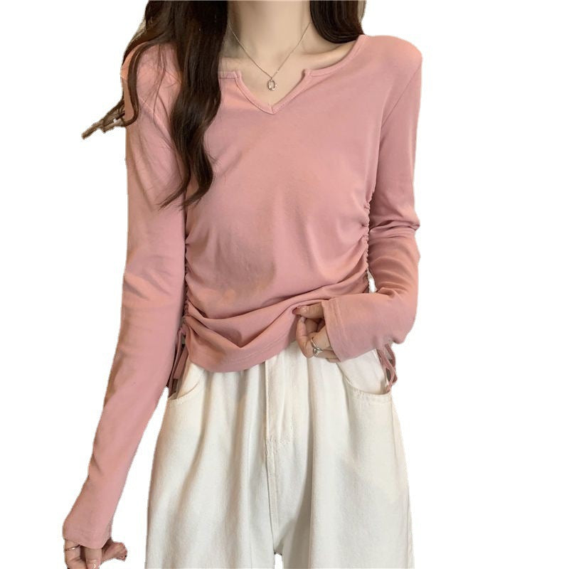 Damen vielseitiges Langarmshirt mit modischem V-Ausschnitt und Raffung Drune