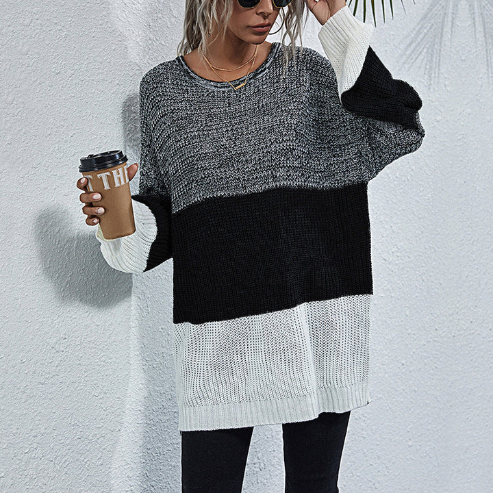 Damen Longline-Grobstrickpullover mit Farbbalken, Rundhalsausschnitt und leicht überschnittener Schulter Drune