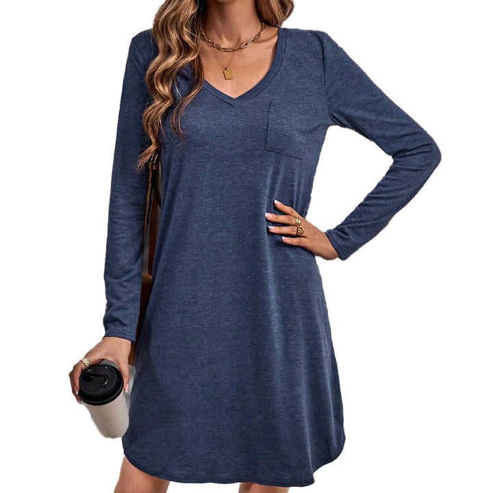 Damen lässiges Jersey-Kleid mit V-Ausschnitt Brusttasche und legerer A-Linie Drune