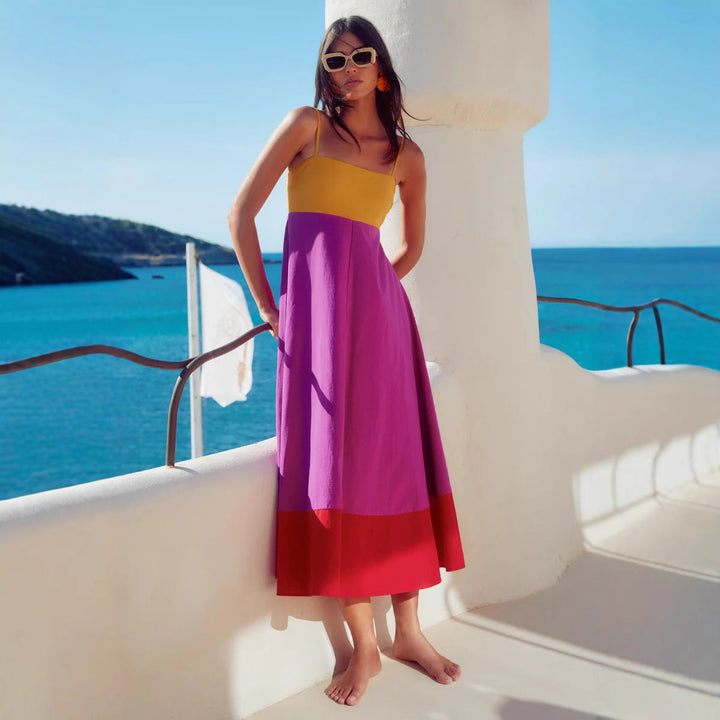 Damen Maxikleid mit farbenfrohem Blockdesign und verstellbaren Spaghettiträgern Drune