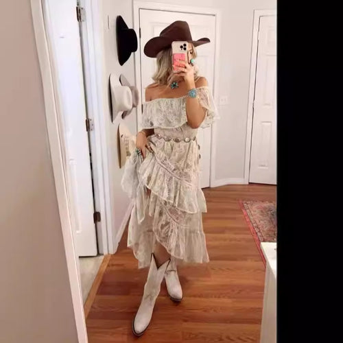 Damen Boho-Rüschenkleid mit schulterfreiem Design und fließendem Stoff Drune
