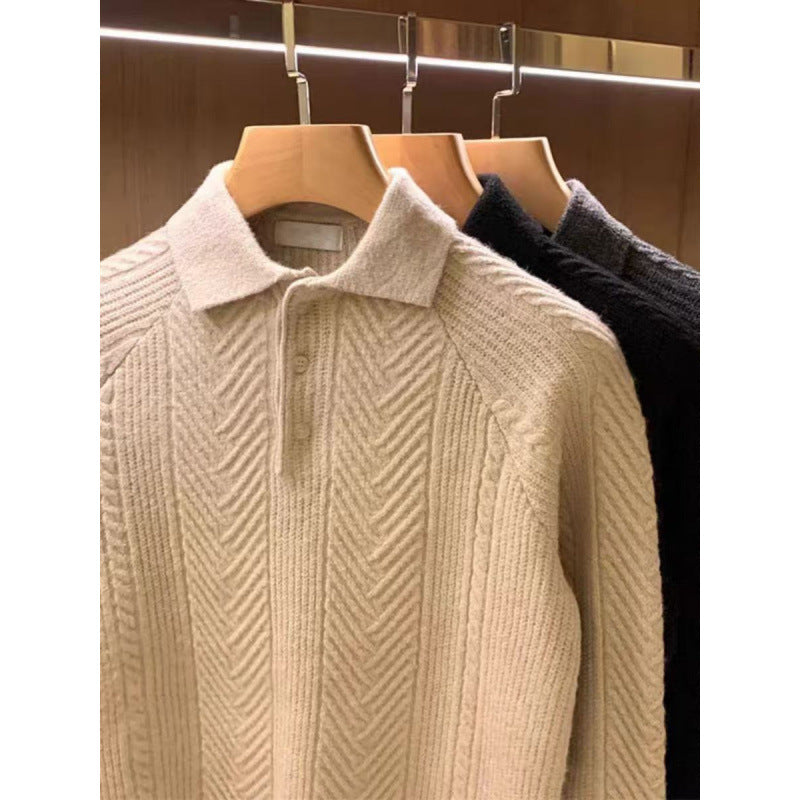 Herren Feinstrick-Polopullover mit halber Knopfleiste und Zopfmuster Drune
