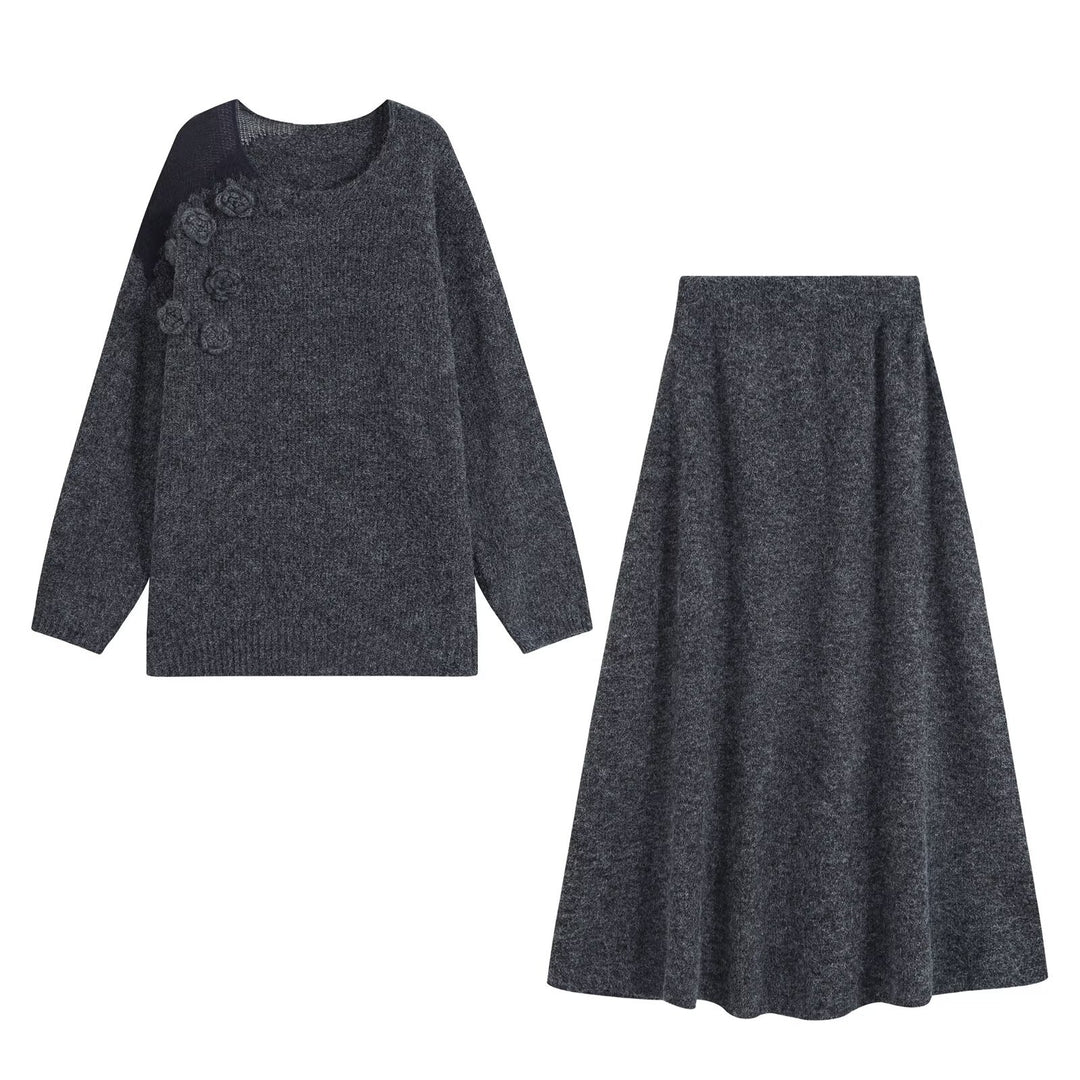 Damen Strickset aus Kuschelpullover mit 3D-Blütenapplikation und A-Linien-Rock Drune