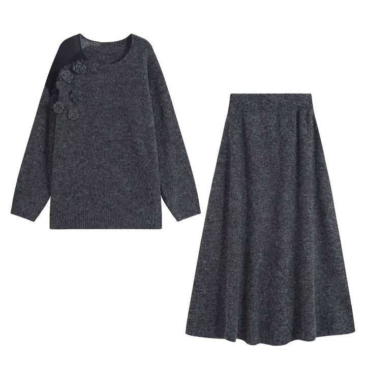 Damen Strickset aus Kuschelpullover mit 3D-Blütenapplikation und A-Linien-Rock Drune