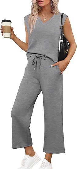 Damen Lässiges Zweiteiliges Lounge-Set mit Ärmellosem V-Neck-Top und Weiten Kordelbund-Hosen Drune