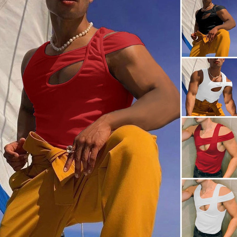 Herren nan asymmetrisches ärmelloses Tanktop mit ausgeschnittenem Einsatz aus Baumwoll-Elasthan Drune