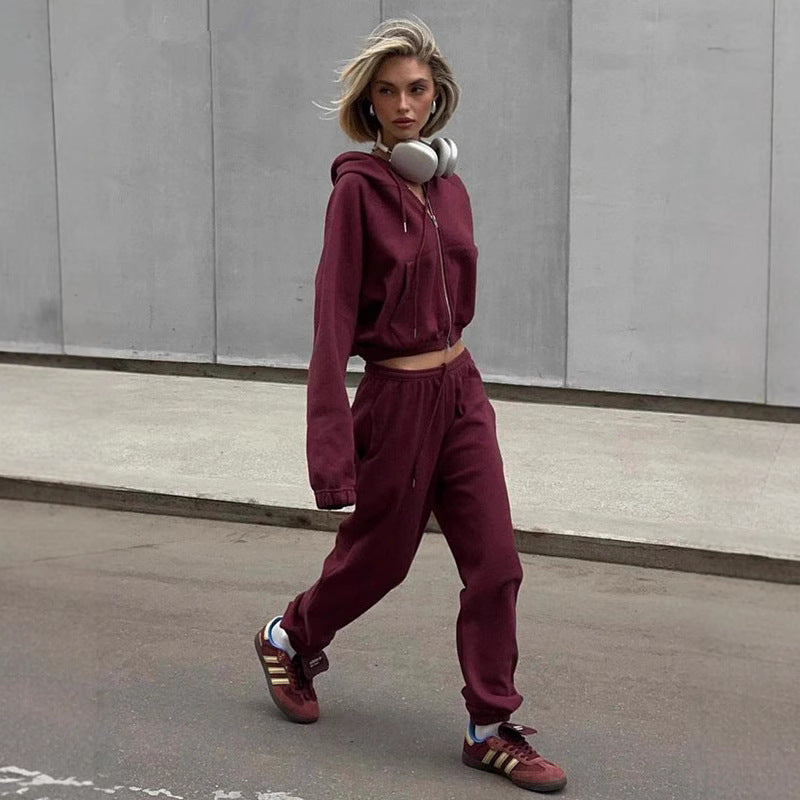 Damen Sportliches Hoodie-Set mit hohem Kragen und bequemen Hosen Drune
