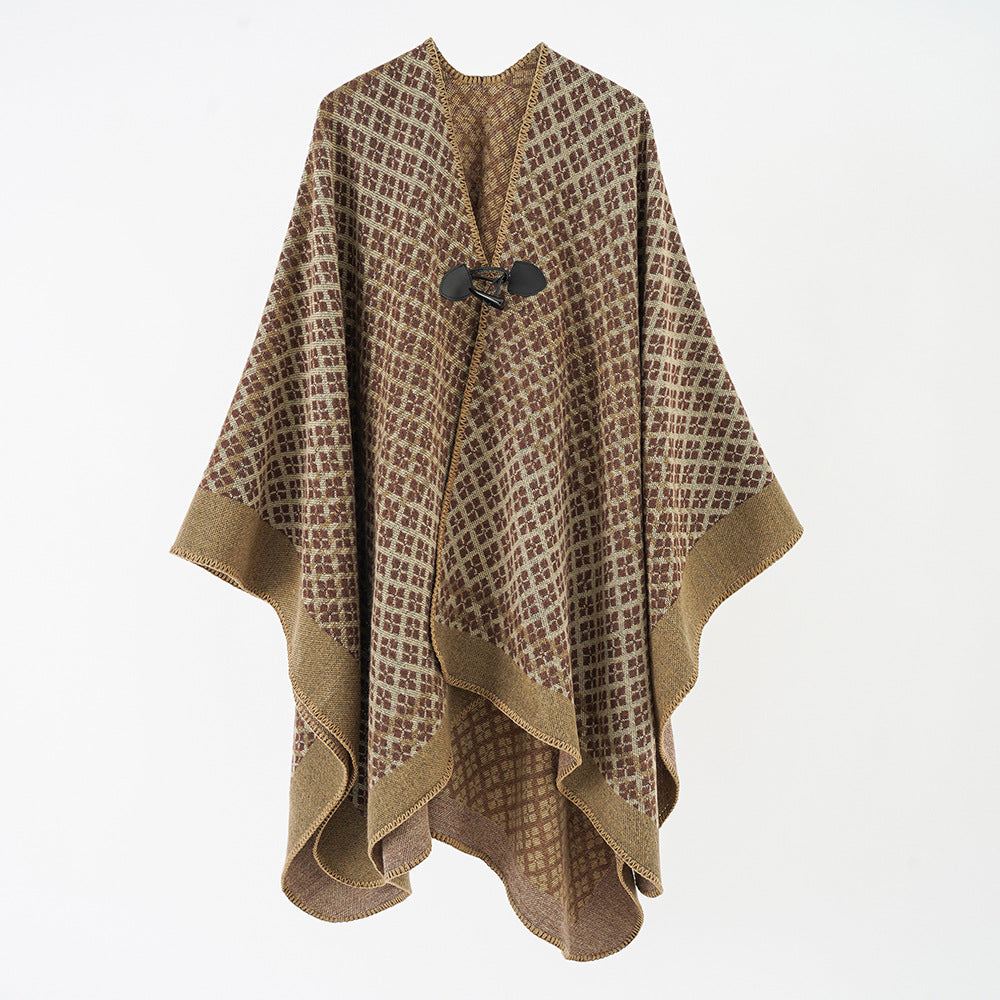 Damen Wollponcho mit geometrischem Karomuster und Knebelverschluss Drune
