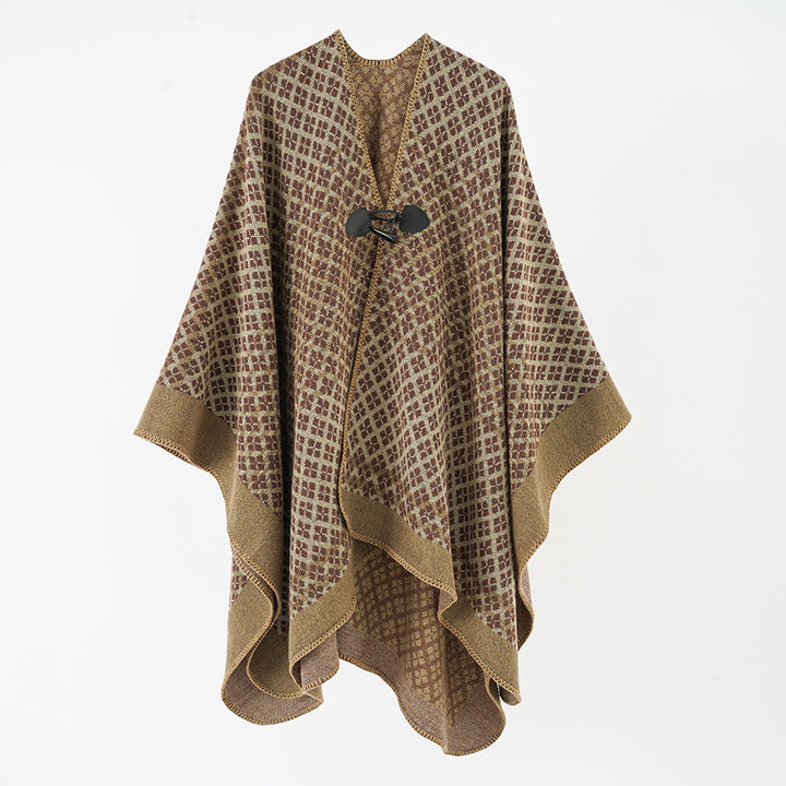Damen Wollponcho mit geometrischem Karomuster und Knebelverschluss Drune