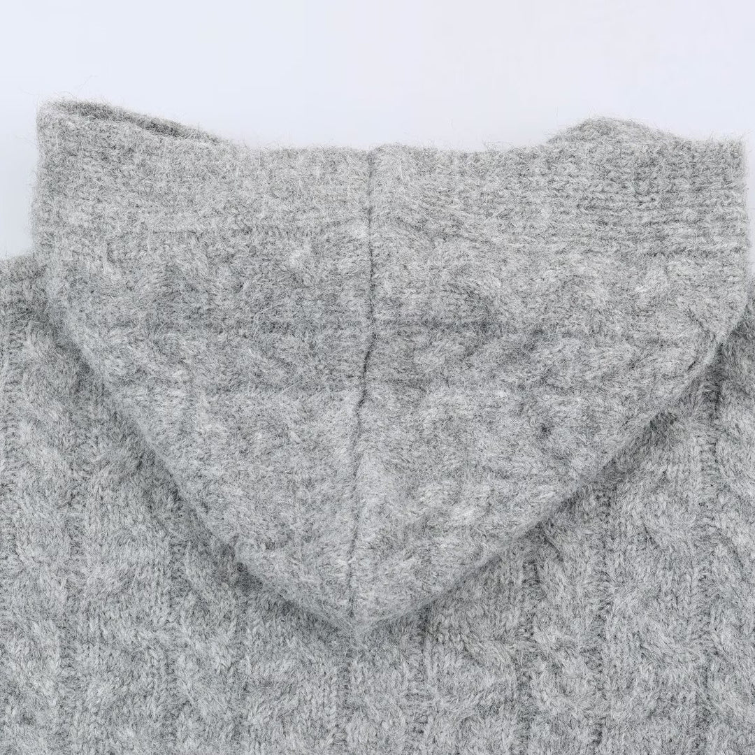 Damen Langgestrickter Kapuzen-Cardigan mit Zopfmuster und Knopfleiste Drune