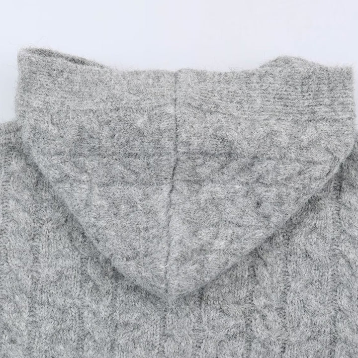 Damen Langgestrickter Kapuzen-Cardigan mit Zopfmuster und Knopfleiste Drune